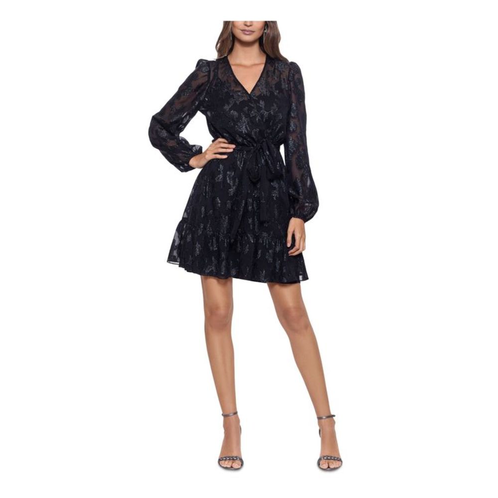 BETSY & ADAM Womens Black Self Tie Sash Lined Pouf Sleeve Short Dress 4